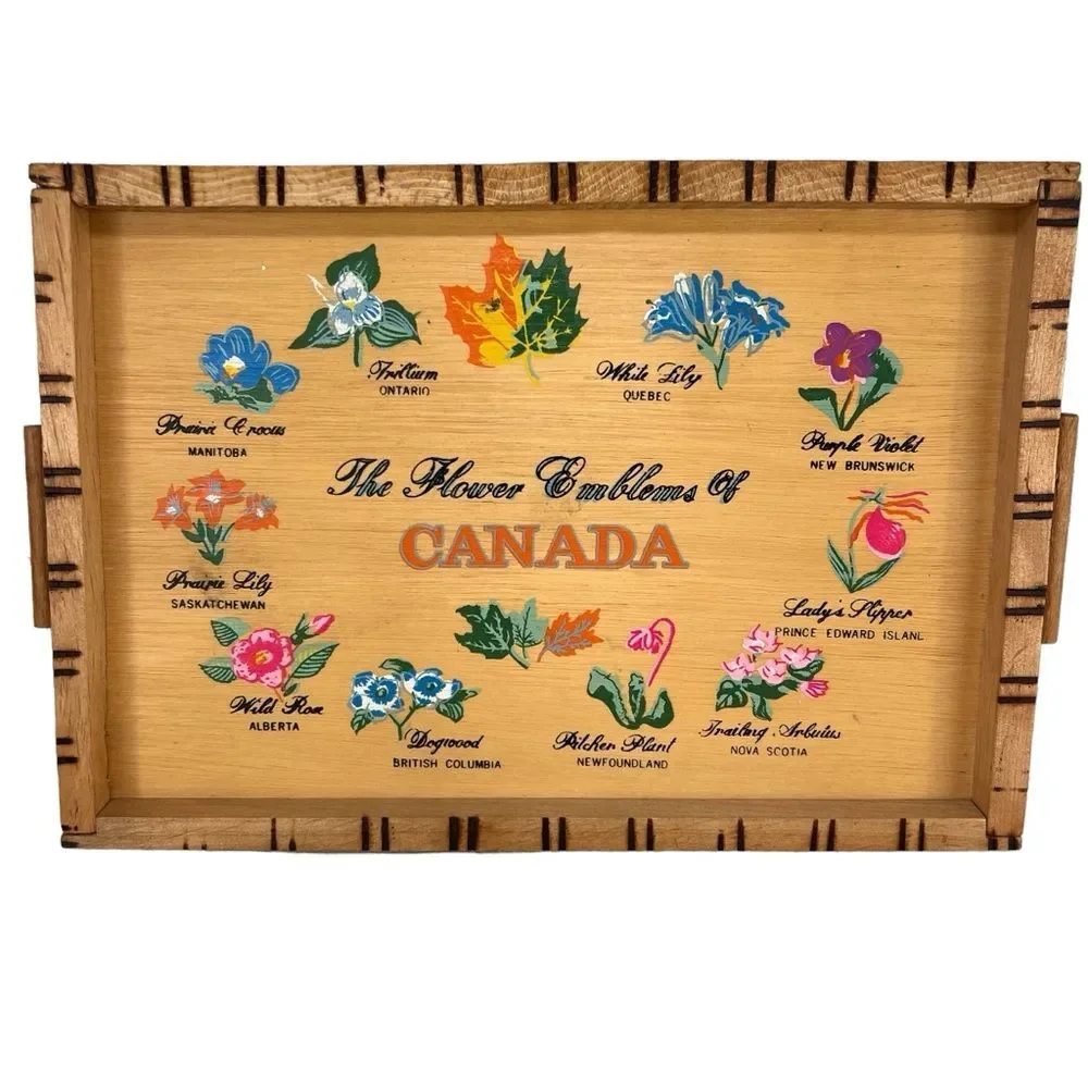 Vintage New Canadian Wooden Serving Tray and 6 Coasters Flowers Souvenir